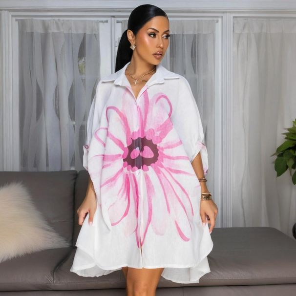 Floral Print Shirt Dress With Collar - Versatile Button-Down Tunic Dress For Women, Casual Chic Office To Weekend Wear_ecoleips.com