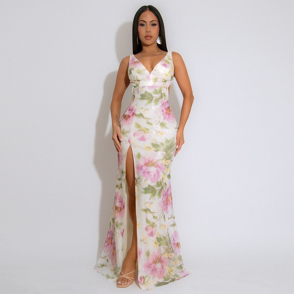 Women's Clothing Sexy Suspender V Neck High Slit Sequin Dress Velvet Beaded Print Long Skirt For Women_ecoleips.com