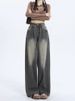 Washed Wide Jeans For Women In Early Autumn, New High Waisted American Straight Leg Lazy And Loose Summer Floor Pants_ecoleips.com