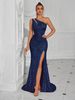 Cross-Border Hot-Selling Sexy One-Shoulder Asymmetrical Neck Strap Evening Fashion High-Slit Sequin Dress_ecoleips.com
