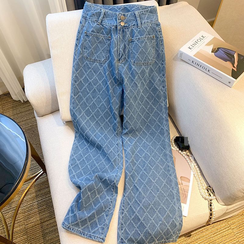 Women's High Waist Slimming Straight Leg Jeans Diamond Design Spring New Loose Wide Leg Trousers Office Lady Cotton Polyester_ecoleips.com