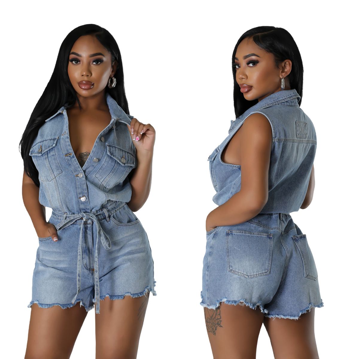 Women's Clothing High Elasticity Short Sleeved Loose Washed Denim Jumpsuit Bodysuit For Formal & Casual For Women_ecoleips.com