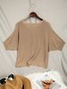 Women Lightweight Breathable Marled Knit Top Off Shoulder 3/4 Bubble Sleeve Loose Ruched Waist Knit Blouse_ecoleips.com