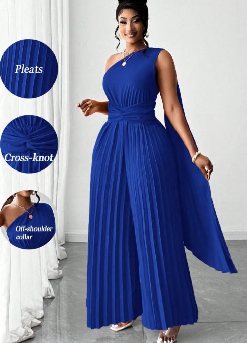 Curvy Women Solid Pleated Asymmetric One Shoulder Jumpsuit, Chic Spring Summer Wedding Party Outfit_ecoleips.com