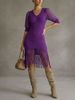 Purple V Neck Chiffon Lantern Sleeve Pit Rib Knit Fringe Mini Dress, Loose Lightweight Breathable Soft Skin-touch Bodycon Midi Dress_ecoleips.com