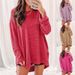 Fashionable Solid-Color Waffle-Patterned Loose-Collared Long-Sleeved Top With Slit, Available In Plus Sizes For Women_ecoleips.com