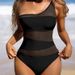 Women's Clothing Sexy Hollow Mesh One Shoulder Slim Swimsuit_ecoleips.com