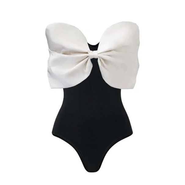 Women's Black & White Tube Top One-Piece Swimsuit With Bow - Stylish Bathing Suit For Women_ecoleips.com