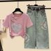 Women's Retro Outfit - Embroidered Denim Skirt With Print Blouse, Vintage Oriental Two-Piece Set Cultural Fusion_ecoleips.com