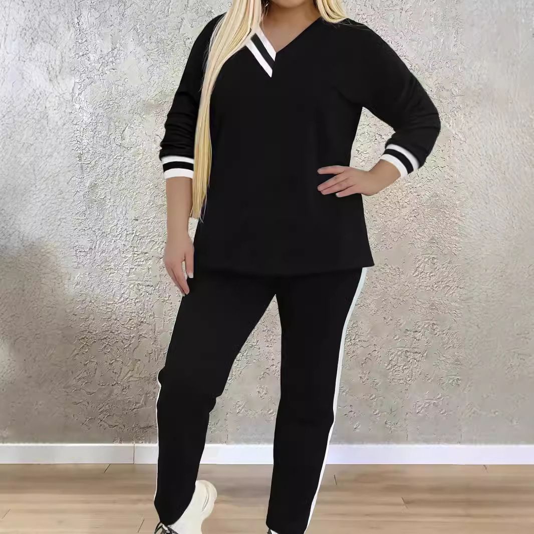 Women's Casual Two Piece Suit V Neck Long Sleeve T-Shirt with Contrast Color Pocket Trousers Autumn Winter Fashion Polyester_ecoleips.com