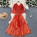 Women's Clothing Pleated Dress Female Summer High End Light Luxury V Neck Bat Sleeve Waist Metallic Pleated Long Skirt_ecoleips.com