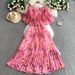 Women's Clothing Light Luxury Heavy Beaded Round Neck Lotus Leaf Sleeve Dress Summer Waist Slimming Pleated Long Skirt_ecoleips.com