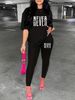 Women's Casual Loose And Fashionable NEVER Give Up Letter Pattern Print Loose T-shirt+shorts Two-piece Set Home Sportswear Daily Wear-263_ecoleips.com