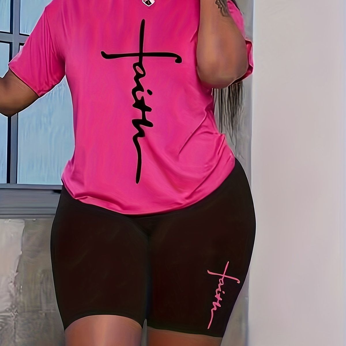 Summer Women's Casual Fashion Faith LetterPrint Loose T-shirt+shorts Two-piece Sportswear Suitable For Daily Wear-92_ecoleips.com