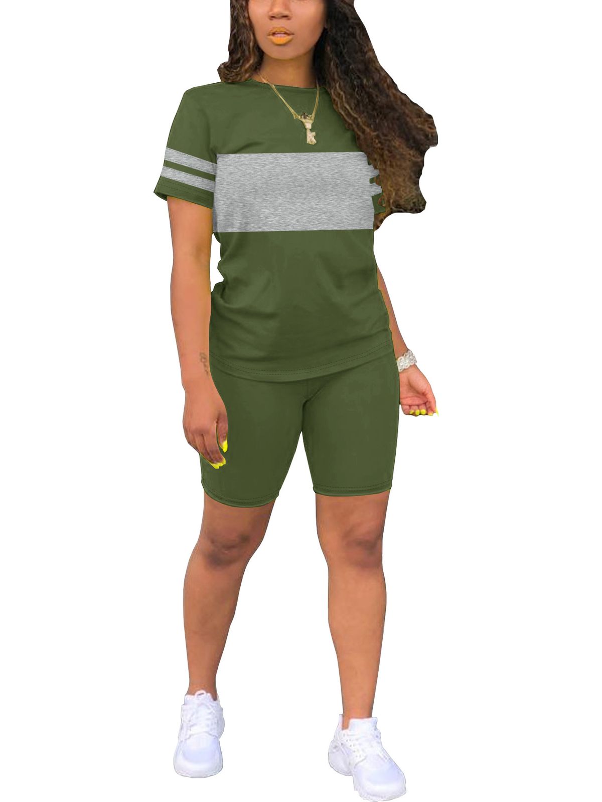 Casual Two-Piece Set For Women: Color-Block Short Sleeve T-Shirt With Matching Shorts, Comfortable Summer Outfit_ecoleips.com