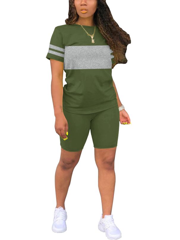 Casual Two-Piece Set For Women: Color-Block Short Sleeve T-Shirt With Matching Shorts, Comfortable Summer Outfit_ecoleips.com