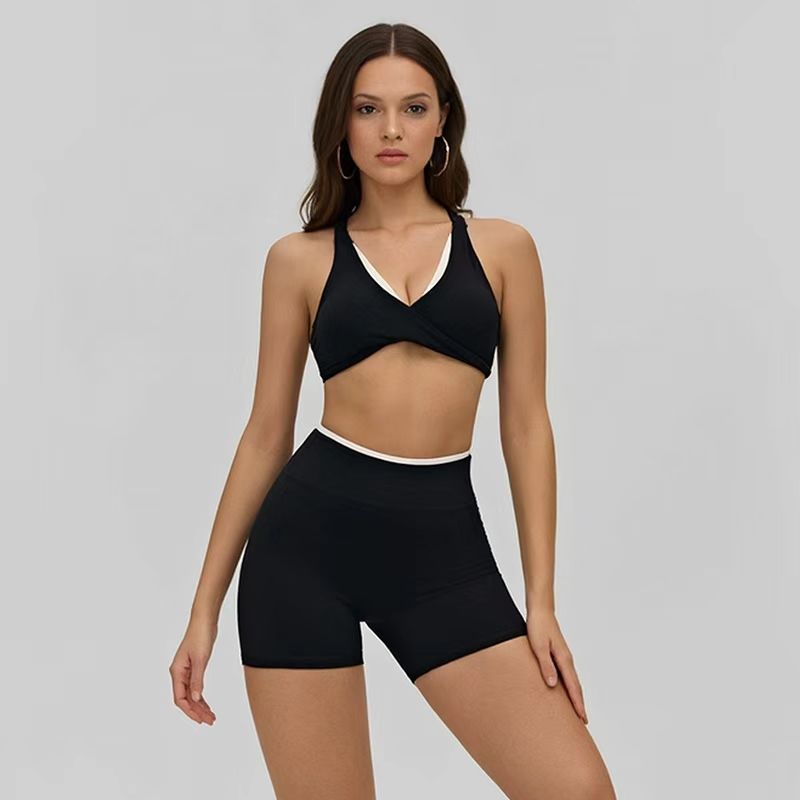 Women Back Cross Sports Bra High Waist Short Leggings Gym Fitness Matching Set_ecoleips.com