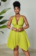 Curvy Jacquard Knit Halter Mini Dress, Metal Buckle Back Bow Ruched Waist Irregular Open Back For Beach Festival Party_ecoleips.com