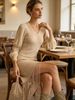 Beige V Neck Chiffon Lantern Sleeve Pit Rib Knit Fringe Mini Dress, Loose Lightweight Breathable Soft Skin-touch Bodycon Midi Dress_ecoleips.com