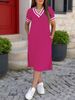 Women's Summer V Neck Dress Simple Loose Fitting Short Sleeved With Slit Hem_ecoleips.com