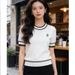 French-Inspired Lettering Knit Top – Chic Short-Sleeve Pullover (White/Black/Navy, S-2XL)_ecoleips.com
