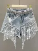 Summer Elegant Tassel Bead High Waist Wide Leg Denim Womens Casual Solid Shorts 240930_ecoleips.com