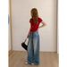 ICC Early Spring New Model Washed Faded Simple Women's Drawstring Loose Wide-leg Jeans 10250_ecoleips.com