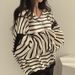 Korean Style Women's Cotton Sweatshirt V-Neck Striped Hooded Pullover Fleece Lined Casual Thin for Spring Autumn Winter_ecoleips.com