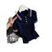 Women's Preppy Short Sleeve T-Shirt Navy Blue Knit Korean-Inspired Collared Top with Contrast Trim Breathable Stylish Summer_ecoleips.com