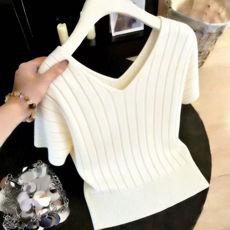 Women's Slim Fit V Neck Knitted T-Shirt Short Sleeve Summer Top Hot Girl Style New Beautiful_ecoleips.com