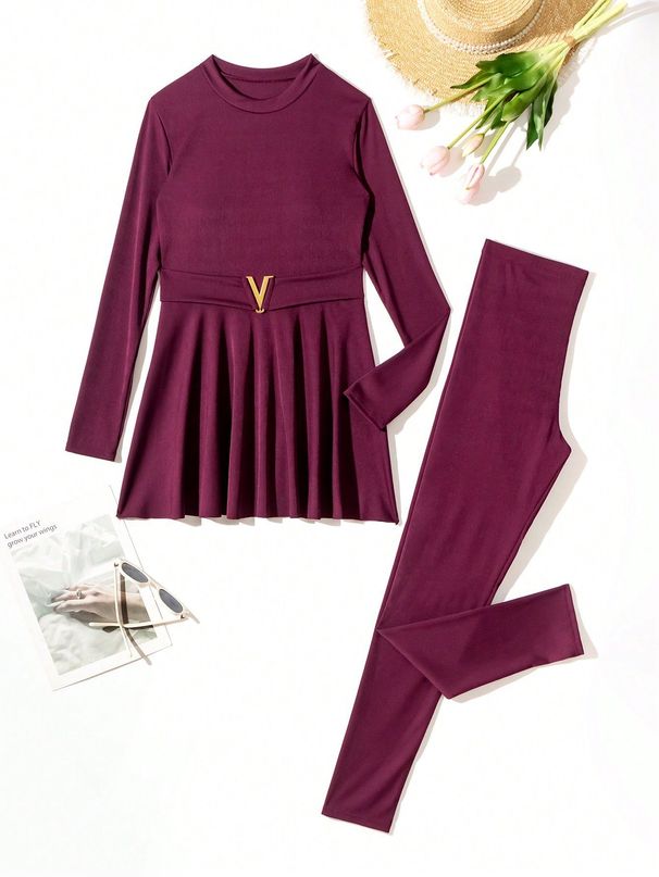 European Style Long Sleeve One-Piece Swimsuit For Women - Conservative Waist-Cinched Design With Side Split_ecoleips.com