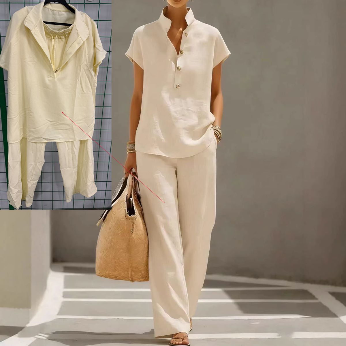 Women's Casual Short Sleeve Cardigan And Trousers Set Solid Color Lazy Style Clothing_ecoleips.com