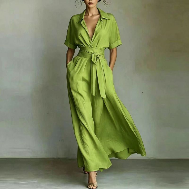 Elegant Retro Casual Dress AAA European Style Slimming Waist Cinching Solid Color Women's Cross Border French Resort Fashion_ecoleips.com