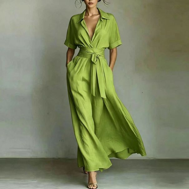 Elegant Retro Casual Dress AAA European Style Slimming Waist Cinching Solid Color Women's Cross Border French Resort Fashion_ecoleips.com