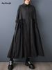 Black Vintage Lace-Up Pleated Shirt Dresses For Women 2025 Autumn New In Long Sleeve Loose Casual Dress Fashion Elegant Clothing_ecoleips.com