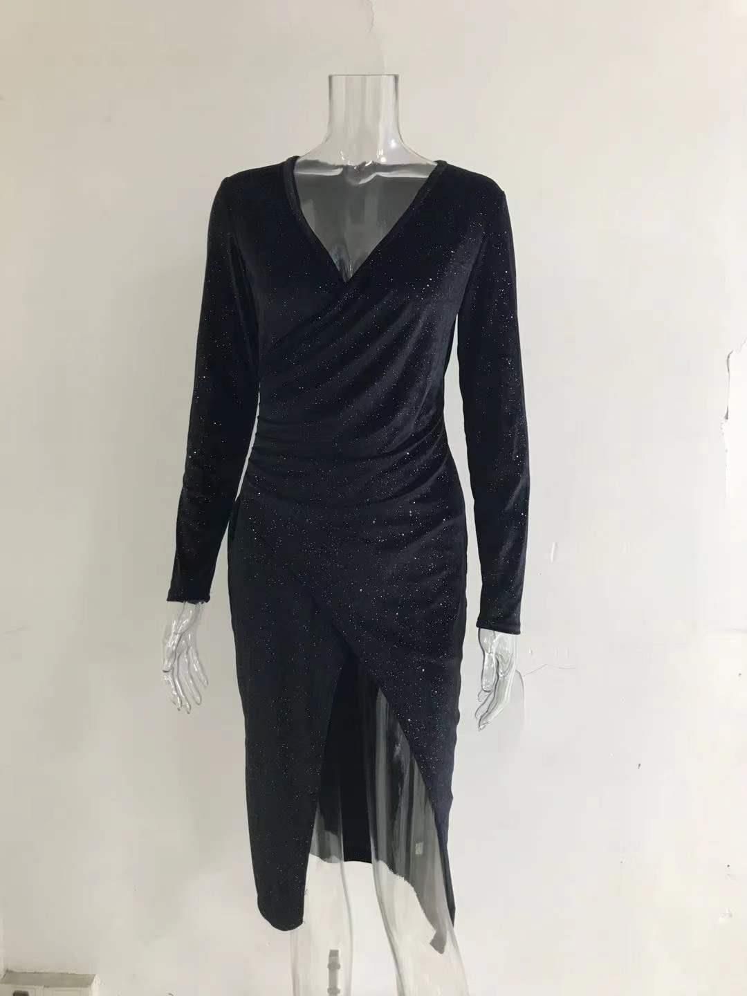 K New Sexy Evening Dress With Exposed Legs, Long Sleeved Mid Length Skirt, Nightclub Dress_ecoleips.com