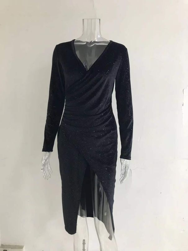 K New Sexy Evening Dress With Exposed Legs, Long Sleeved Mid Length Skirt, Nightclub Dress_ecoleips.com