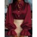 Elegant Women's Satin Shirt Long Sleeved Collared Puff Sleeve Solid Color New Arrival_ecoleips.com