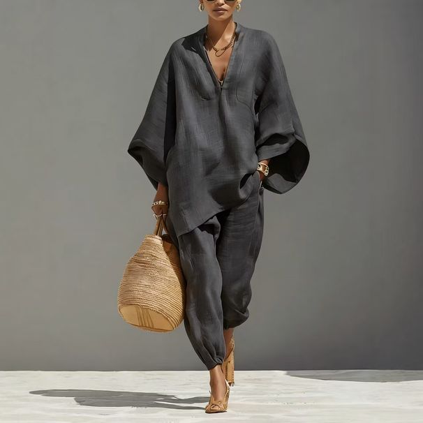 Women's Breathable Summer Lounge Set Linen Blend Batwing Sleeve V-Neck Tunic Wide-Leg Pants Casual Comfortable Fabric_ecoleips.com