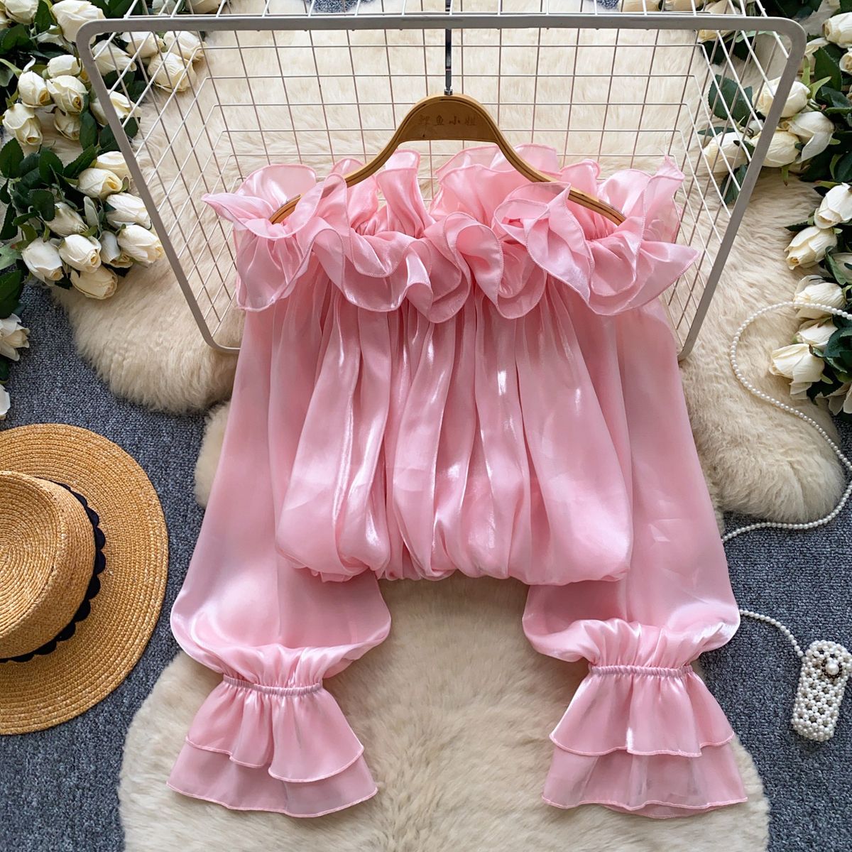 Sweet Off-Shoulder Chiffon Blouse Ruffled Trim Korean Style Long Sleeves Loose Fit Slimming Pink Elegant Top for Summer Women's Clothing_ecoleips.com