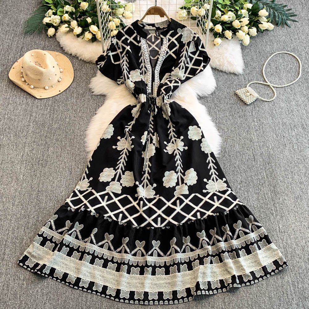 Women's Clothing Short Sleeve Temperament High End V Neck Waist Fashion Printed Dress Skirt_ecoleips.com