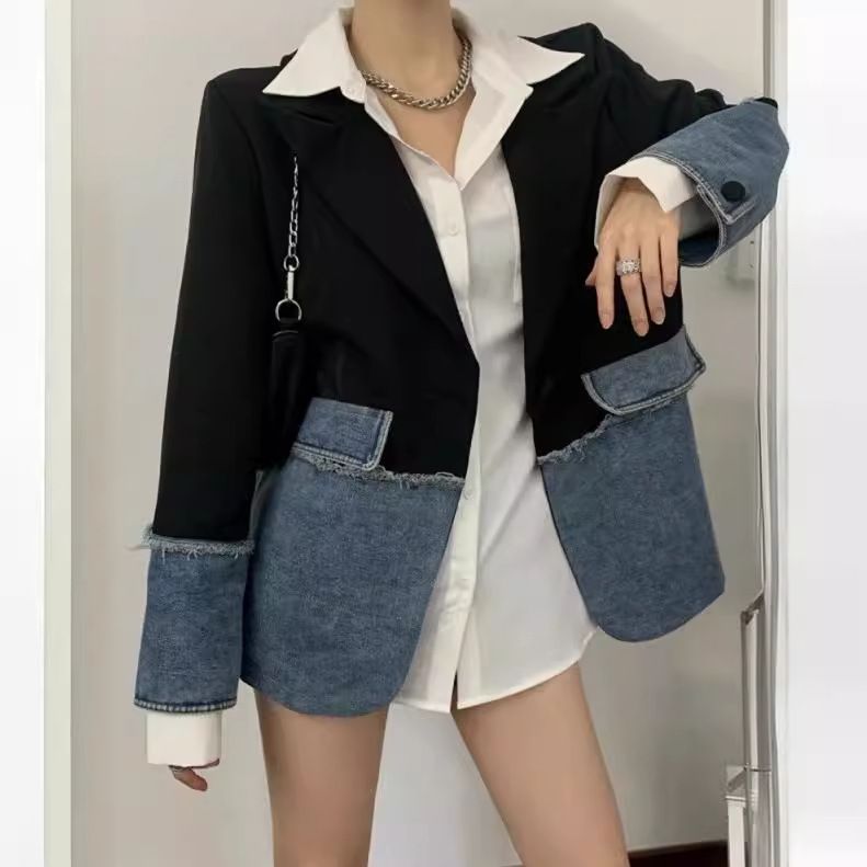 Deconstructed Denim Blazer – Asymmetric Color-Block Jacket With Raw Hem Detailing (One-Size Korean Streetwear Staple)_ecoleips.com