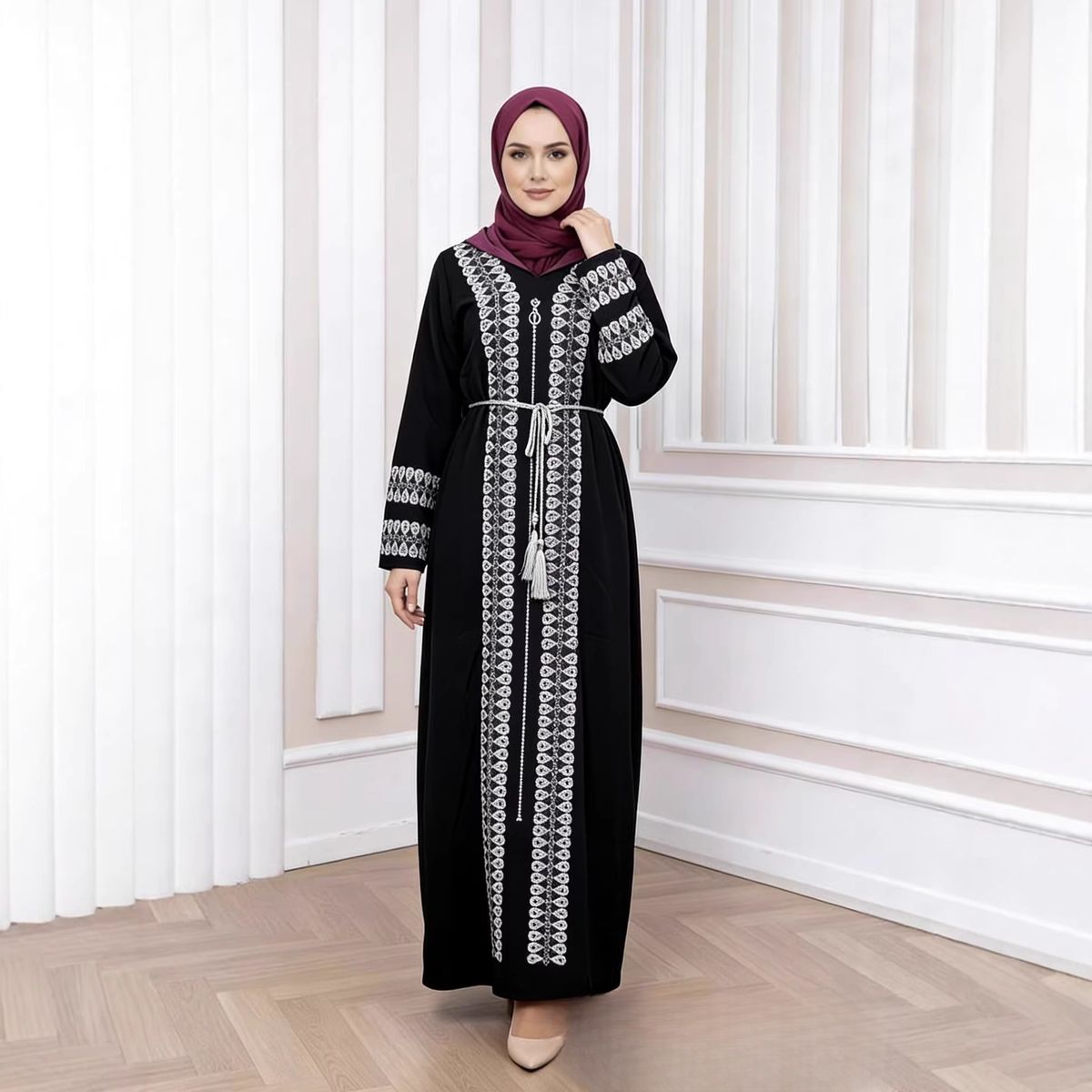Women's Clothing Modest Abaya Dress Elegant Plus Size Abaya Dress – Embellished Muslim Evening Gown With Flared Sleeves (Polyester & Rhinestone)_ecoleips.com