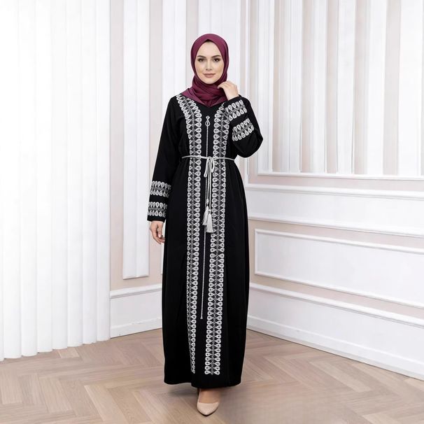 Women's Clothing Modest Abaya Dress Elegant Plus Size Abaya Dress – Embellished Muslim Evening Gown With Flared Sleeves (Polyester & Rhinestone)_ecoleips.com