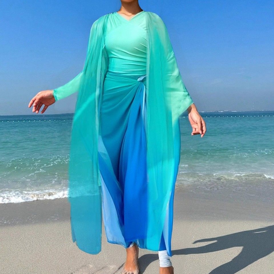 Women's Clothing Muslim Women's Conservative Long Sleeve Gradient Color Swimsuit Loose Polyester Beachwear Suitable For Swimming And Water Sports_ecoleips.com