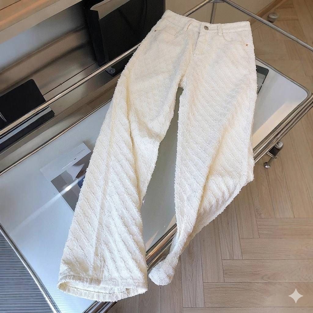 Fashion Checkered White Straight Leg Jeans For Women - Loose Fit High Waist Wide Leg Trousers With Flowy Hem_ecoleips.com