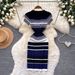 Women's Clothing Style Color Block Striped Knit Dress For Women Slim Fit Short Sleeve Elegant A-Line Skirt Summer Commuting Dress_ecoleips.com