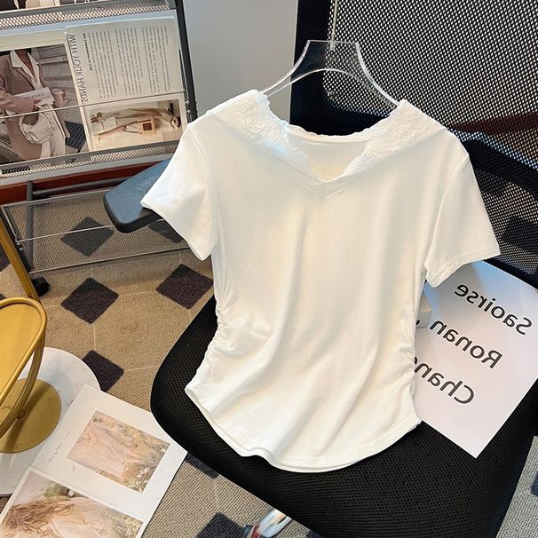 Real Shot Of The New Spring And Summer Hooded Lace V Neck Short Sleeved T Shirt For Women With Pleated Slim Fit And Sweet Tops In White And Gray_ecoleips.com