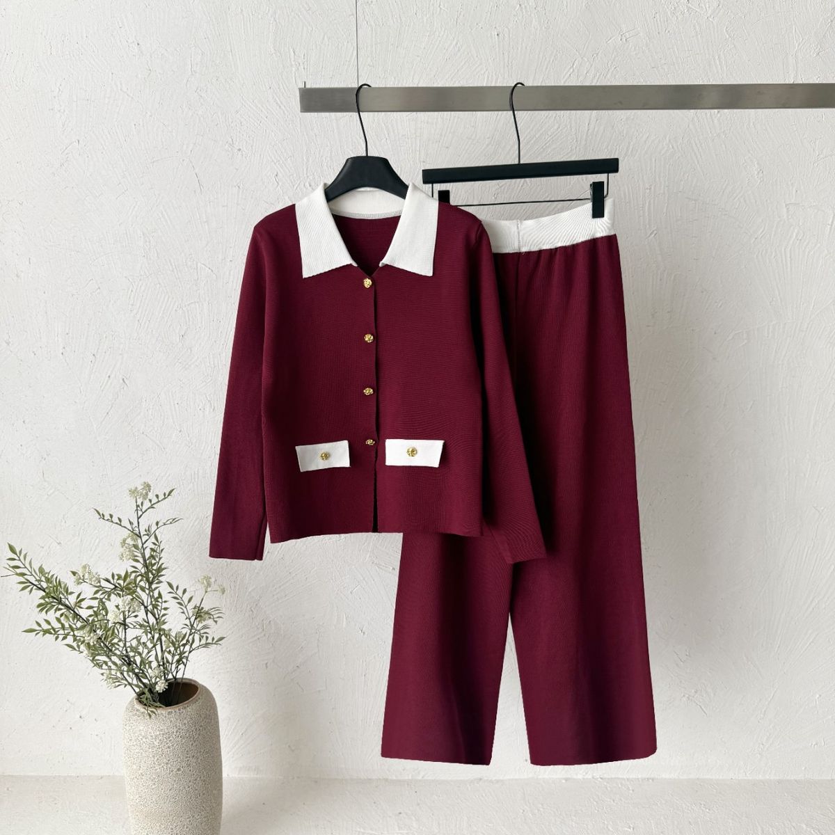 Women's Cross Border European American Style Cardigan Polo Collar Sweater Set with Loose Casual Wide Leg Pants_ecoleips.com