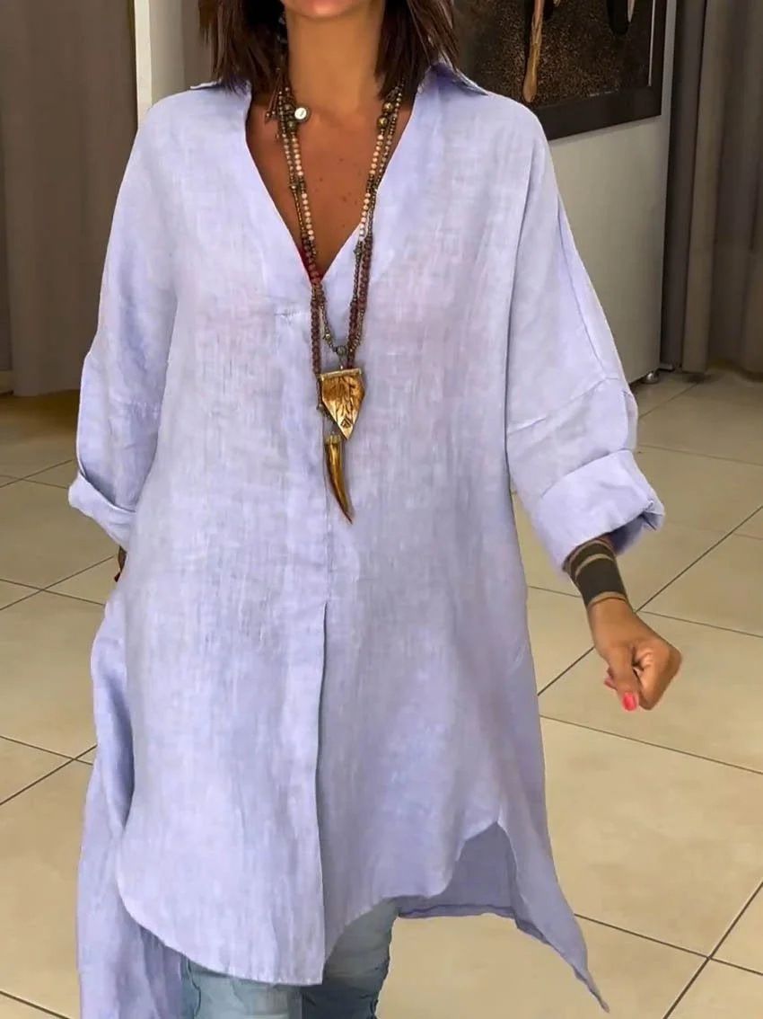 Women's Clothing Cotton And Linen Split Loose Shirt Dress_ecoleips.com